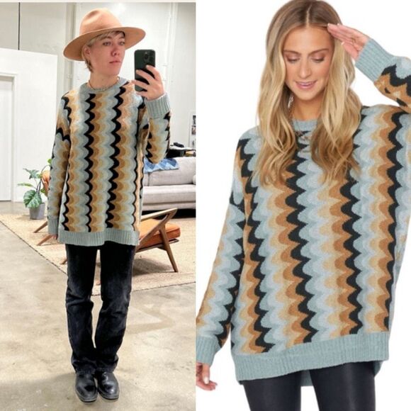 Show Me Your Mumu Retro Wave Oversized Knit Sweater Blue Tan Black | Medium - Picture 4 of 13